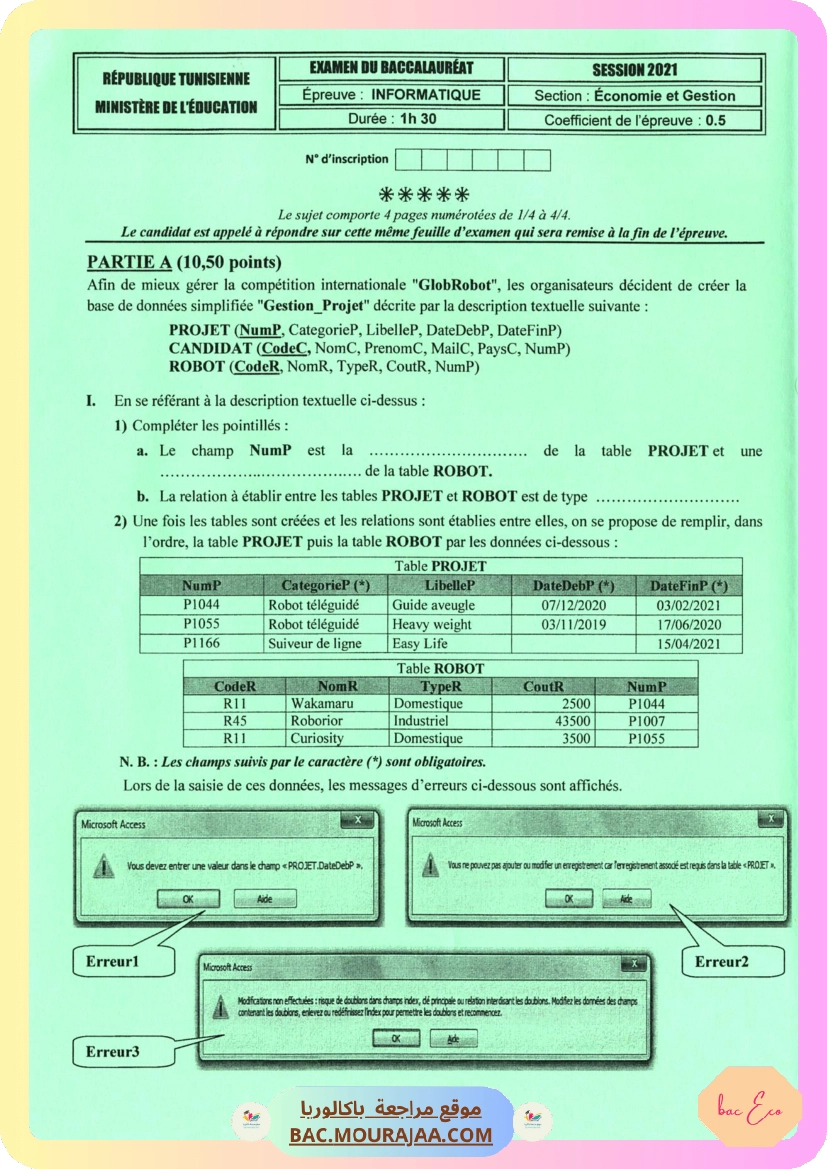 Sujet principale info Bac 2021 – Section eco